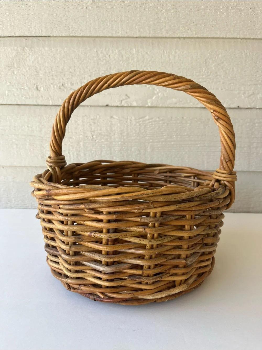Honey-Color Wicker/Rattan Rustic Twisted Handled Basket Medium Size